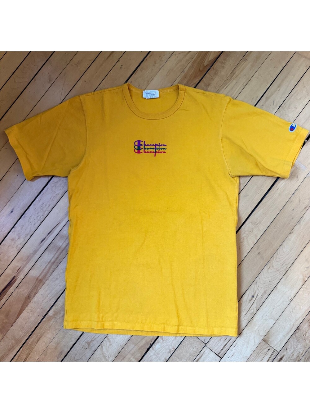 Vintage 90s Champion Graphic T-Shirt Gold Mustard Spellout Back Print M - Picture 1 of 8